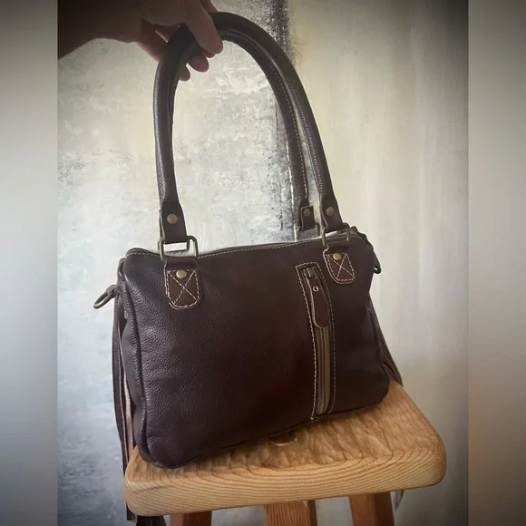 Brown and Cream Leather Fringe Handbag - Picture 5 of 9